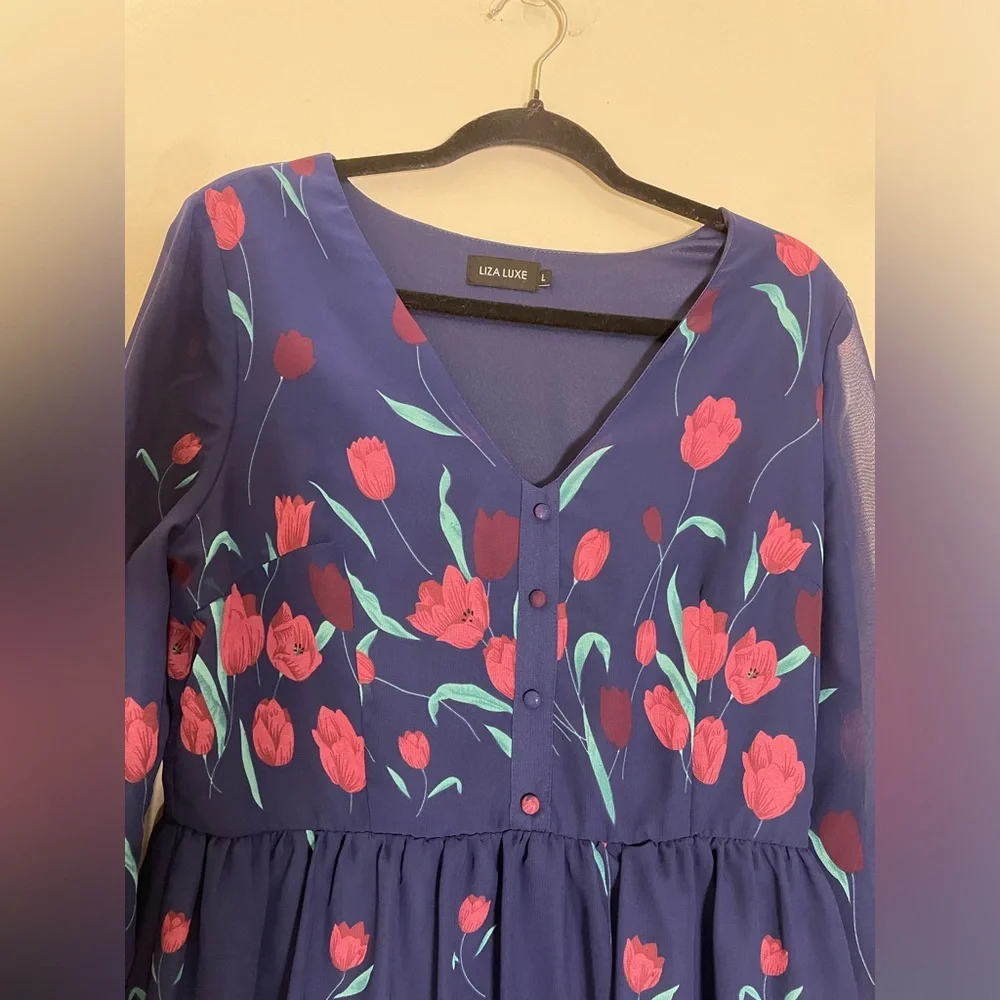 Liza Luxe Floral V-Neck A-Line Mini‎ Dress - L - Picture 2 of 9